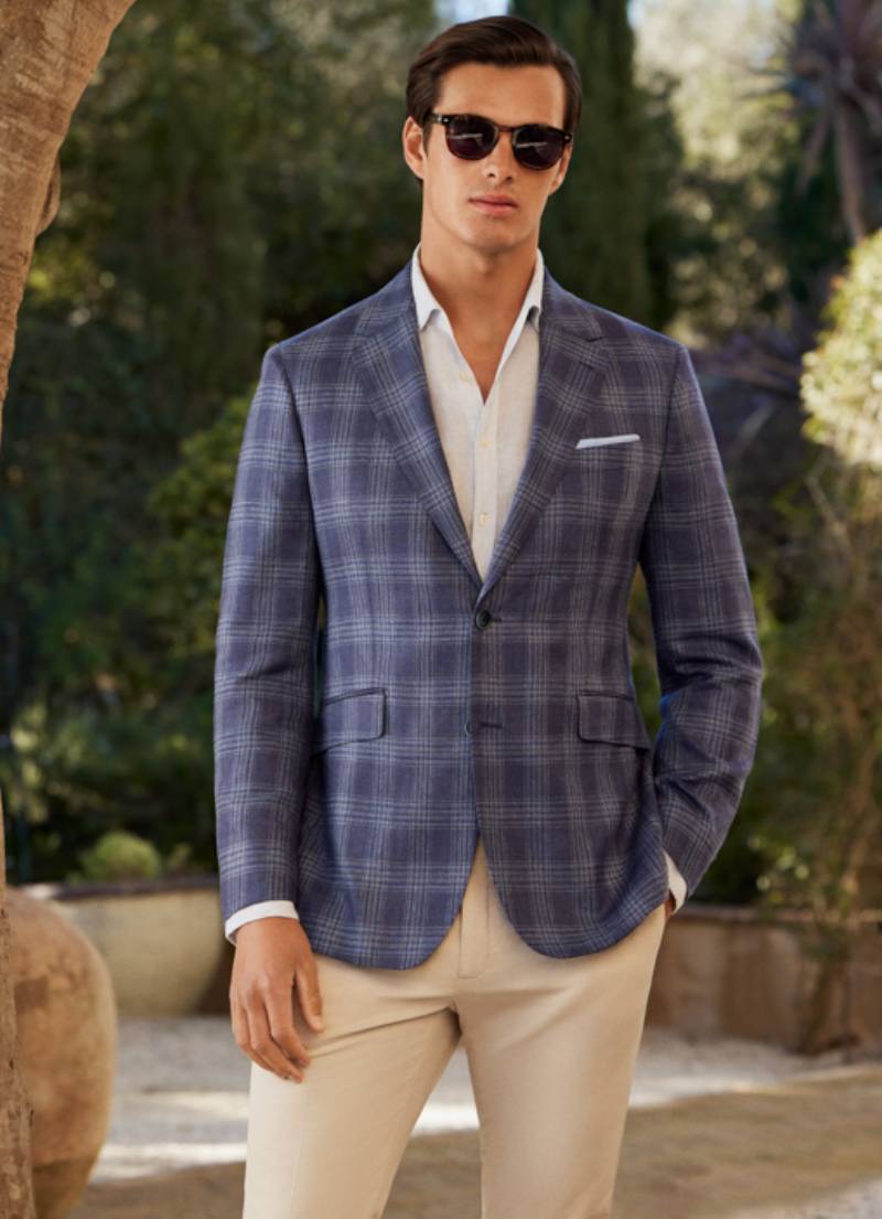 ウール＆シルクチェックブレザー / ブルー 40