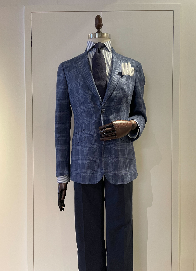 ウール＆シルクチェックブレザー / ブルー 40