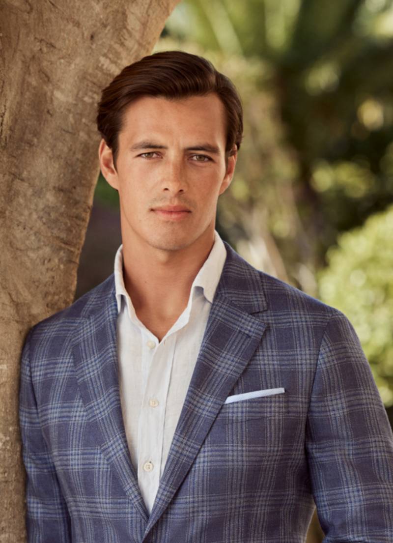 ウール＆シルクチェックブレザー / ブルー 40