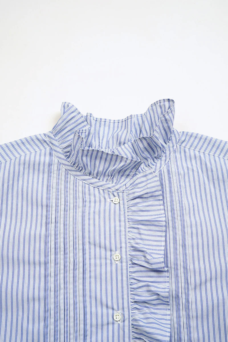WOMAN / ギャザーカラーブラウス - ストライプ / ブルー