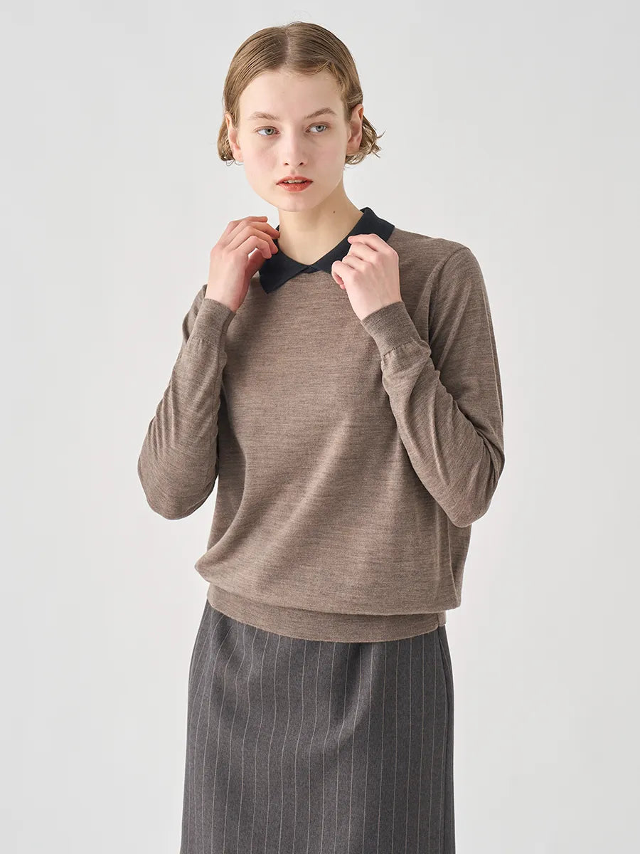 WOMEN / バイカラー クレリック 長袖ニットポロシャツ/ マッシュルーム×ブラック