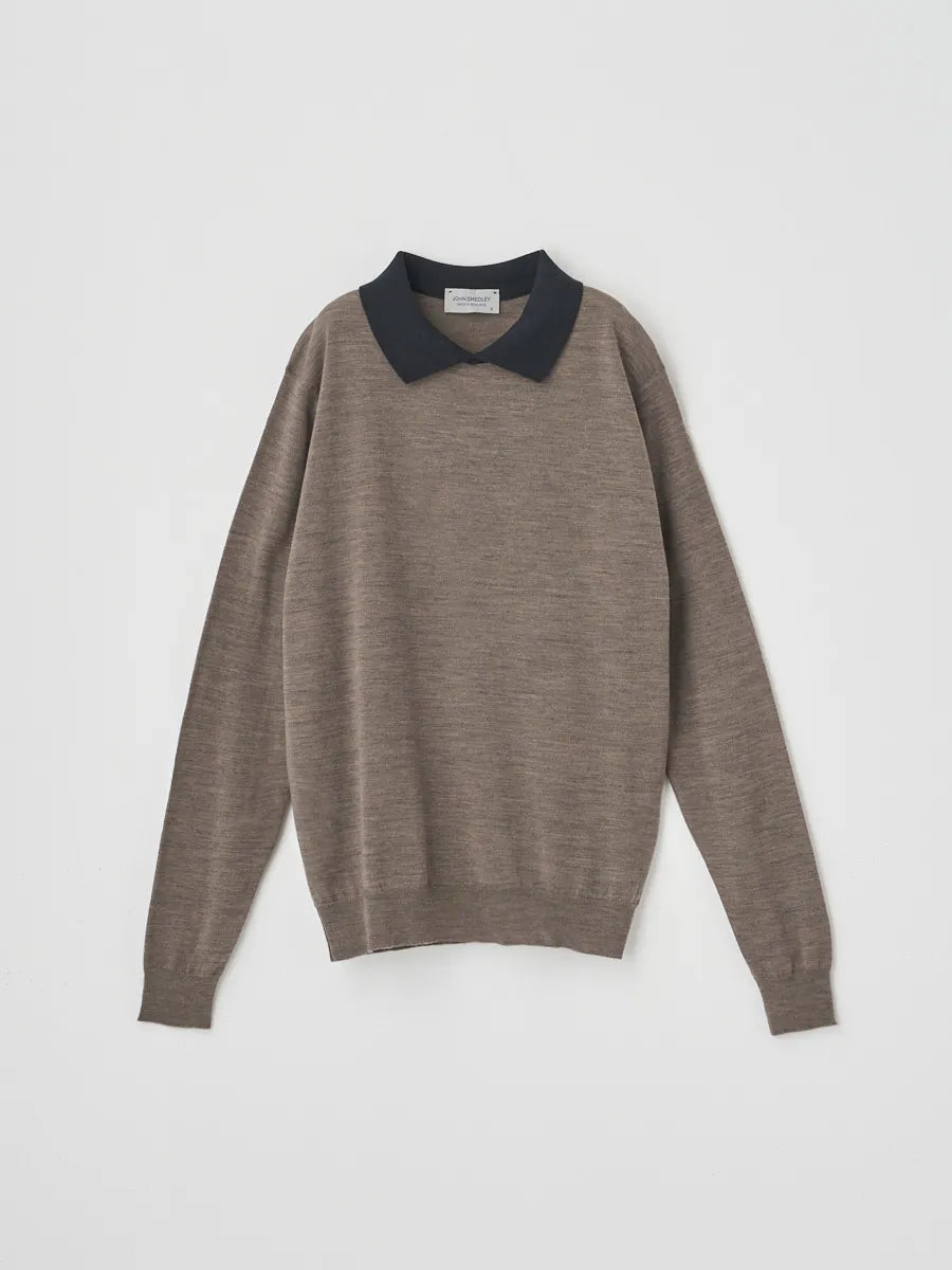 WOMEN / バイカラー クレリック 長袖ニットポロシャツ/ マッシュルーム×ブラック