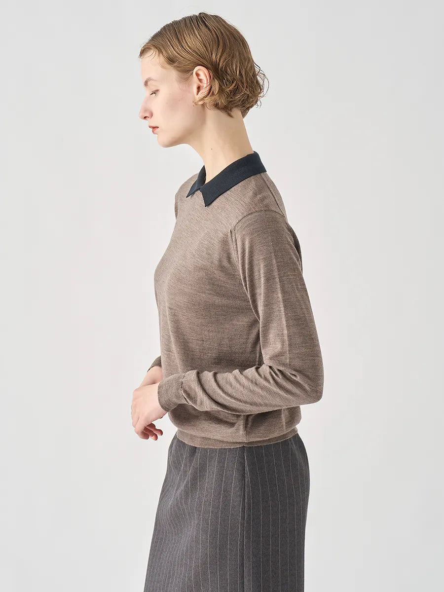 WOMEN / バイカラー クレリック 長袖ニットポロシャツ/ マッシュルーム×ブラック