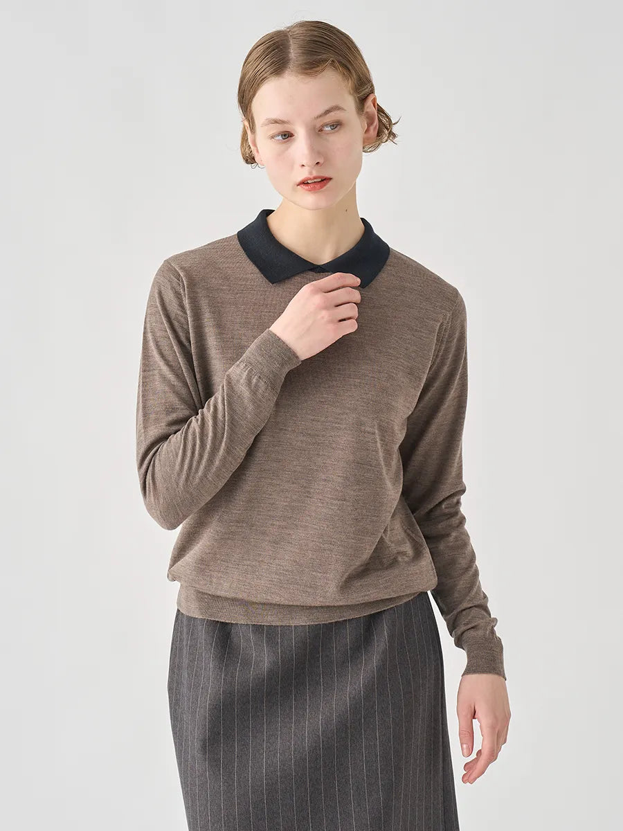 WOMEN / バイカラー クレリック 長袖ニットポロシャツ/ マッシュルーム×ブラック