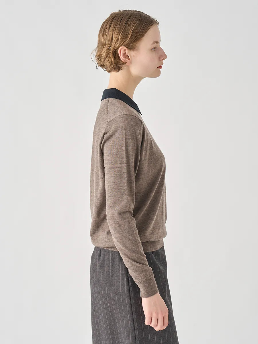WOMEN / バイカラー クレリック 長袖ニットポロシャツ/ マッシュルーム×ブラック
