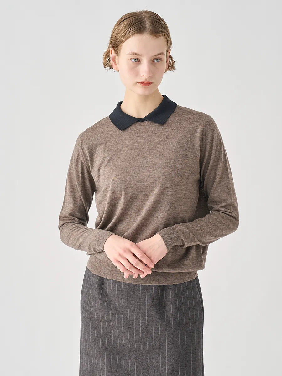 WOMEN / バイカラー クレリック 長袖ニットポロシャツ/ マッシュルーム×ブラック