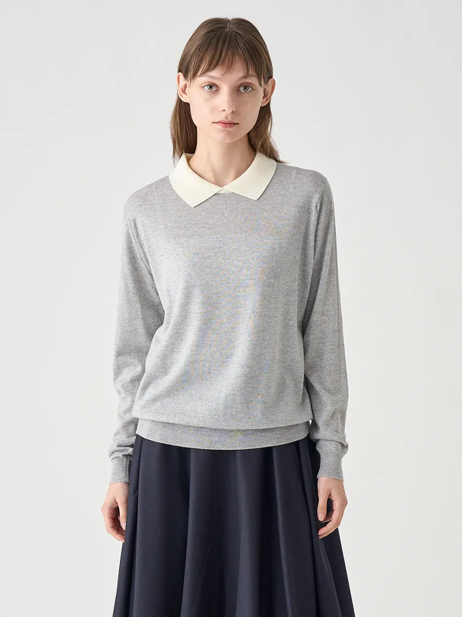 WOMEN / バイカラー クレリック 長袖ニットポロシャツ/ ニンバス×スノーホワイト