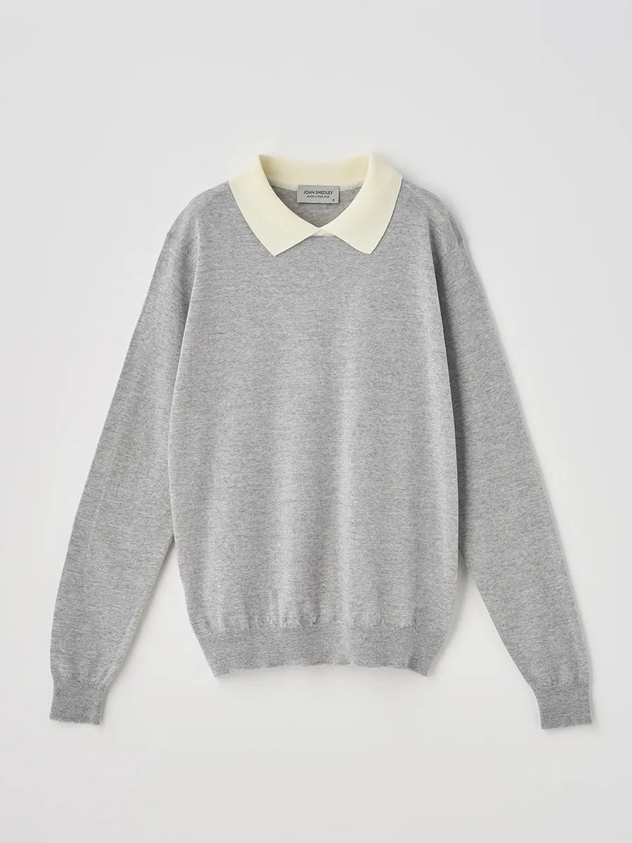 WOMEN / バイカラー クレリック 長袖ニットポロシャツ/ ニンバス×スノーホワイト