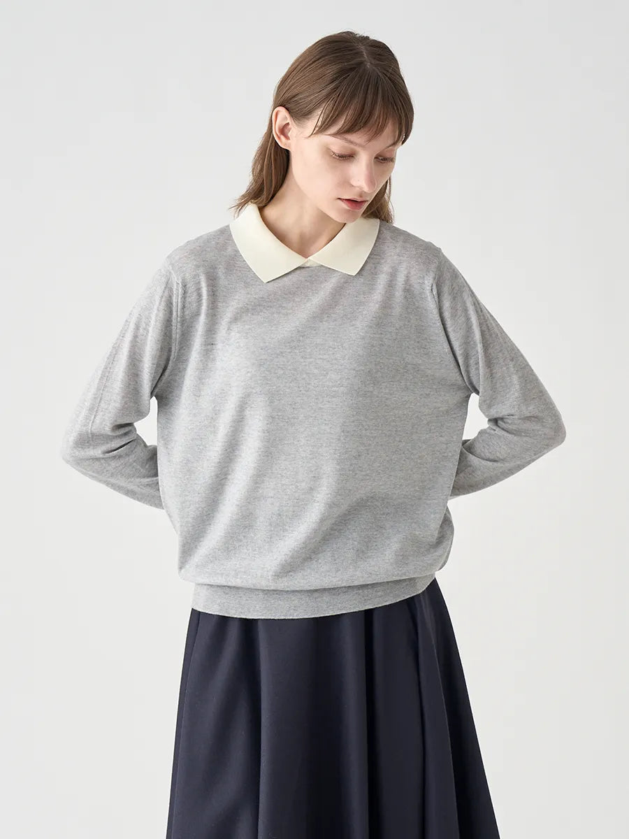 WOMEN / バイカラー クレリック 長袖ニットポロシャツ/ ニンバス×スノーホワイト