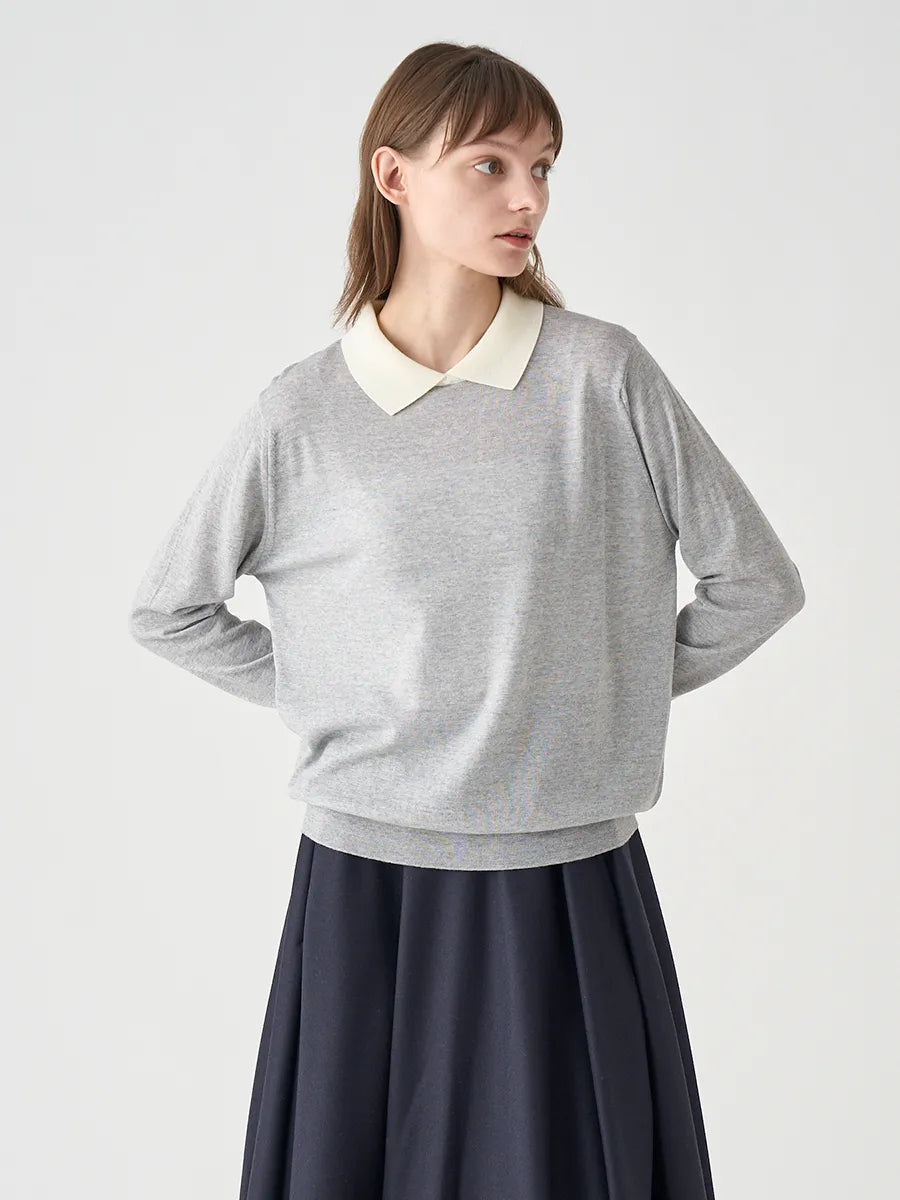 WOMEN / バイカラー クレリック 長袖ニットポロシャツ/ ニンバス×スノーホワイト