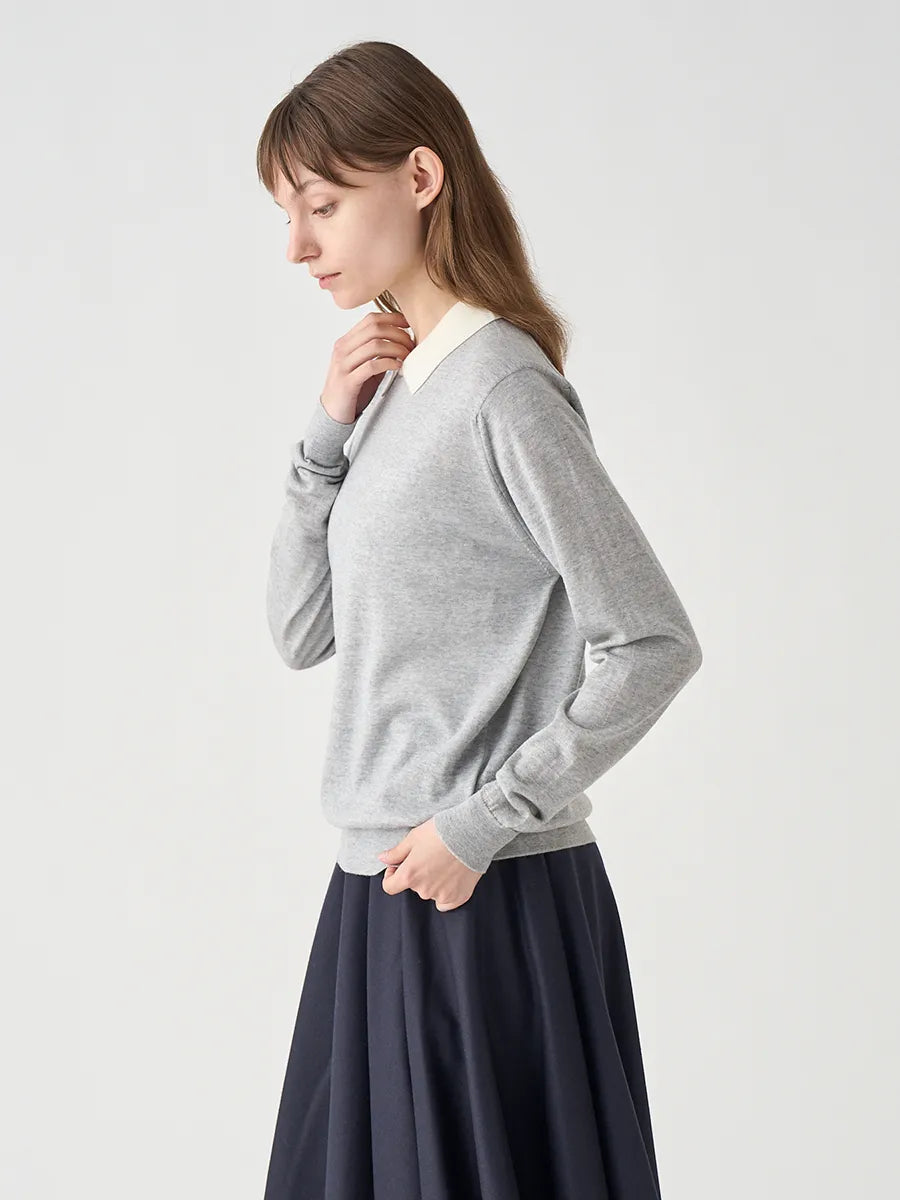 WOMEN / バイカラー クレリック 長袖ニットポロシャツ/ ニンバス×スノーホワイト