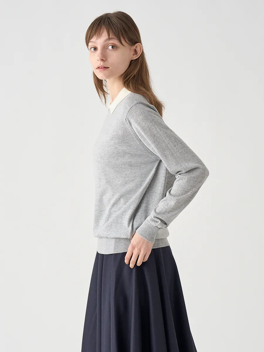 WOMEN / バイカラー クレリック 長袖ニットポロシャツ/ ニンバス×スノーホワイト