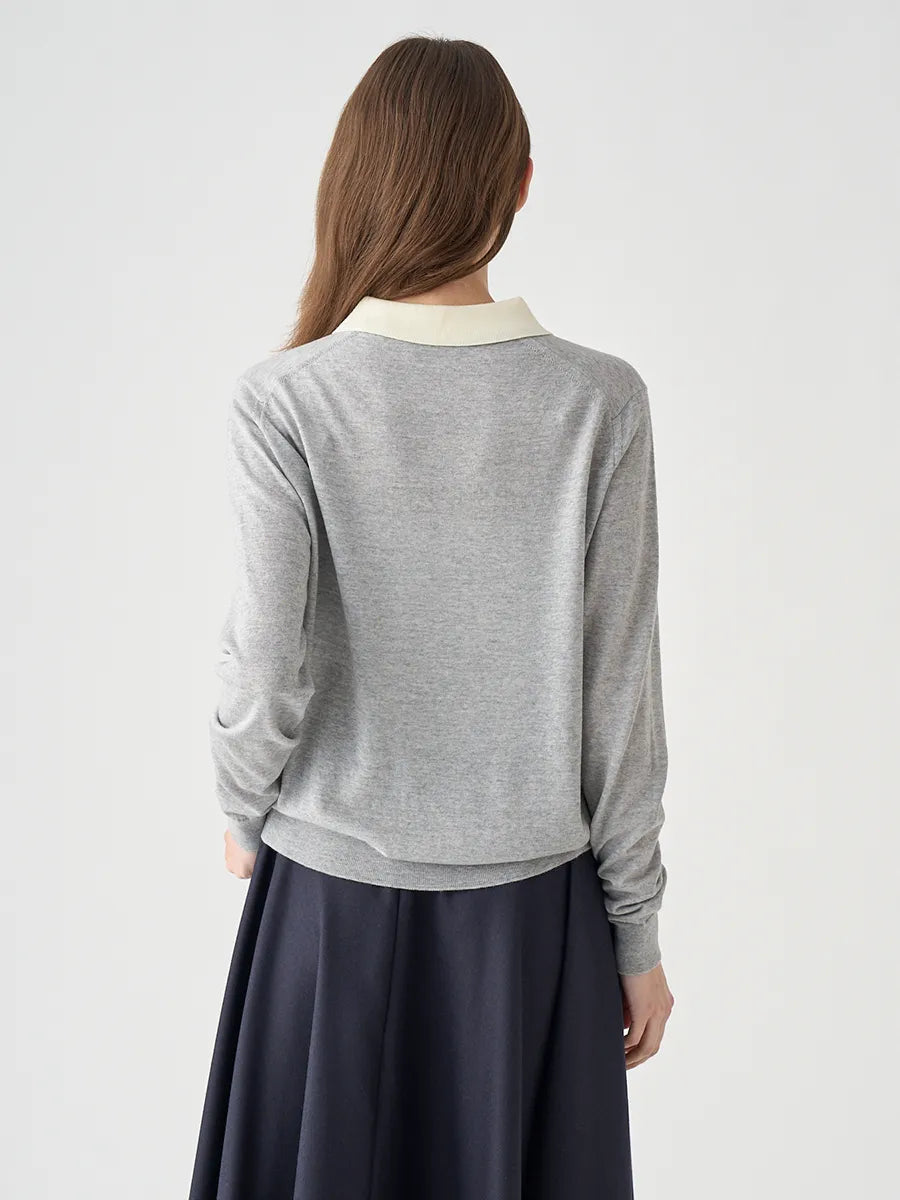 WOMEN / バイカラー クレリック 長袖ニットポロシャツ/ ニンバス×スノーホワイト
