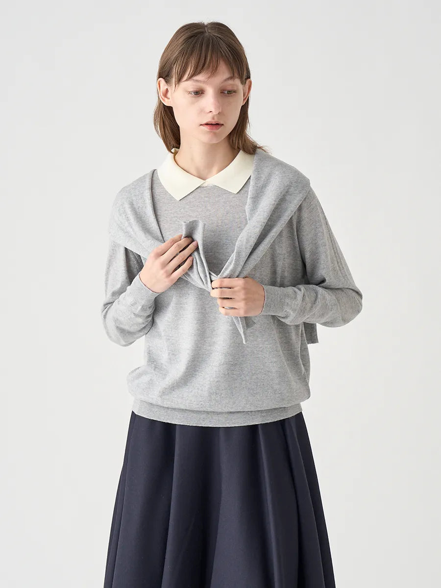 WOMEN / バイカラー クレリック 長袖ニットポロシャツ/ ニンバス×スノーホワイト