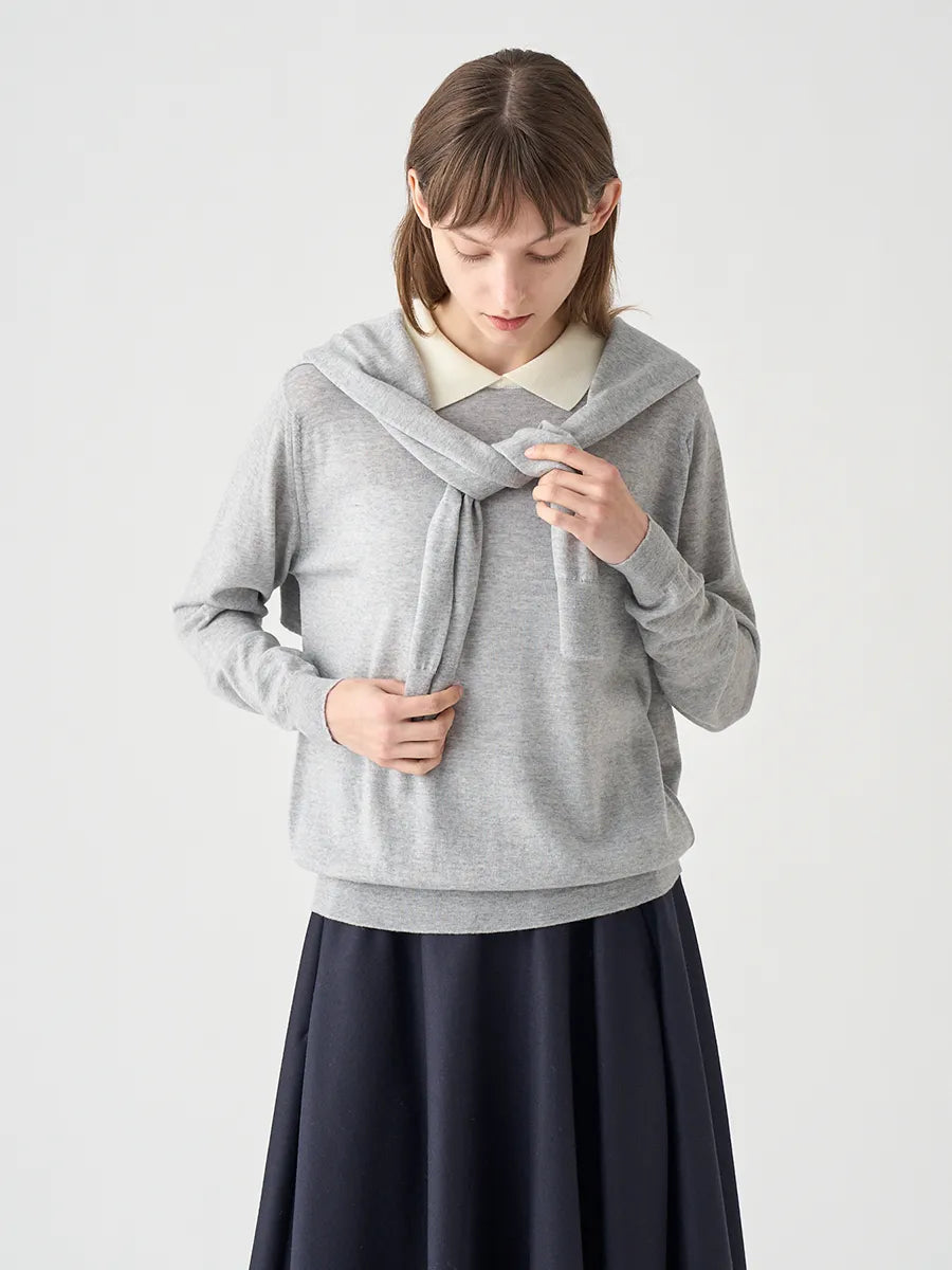 WOMEN / バイカラー クレリック 長袖ニットポロシャツ/ ニンバス×スノーホワイト